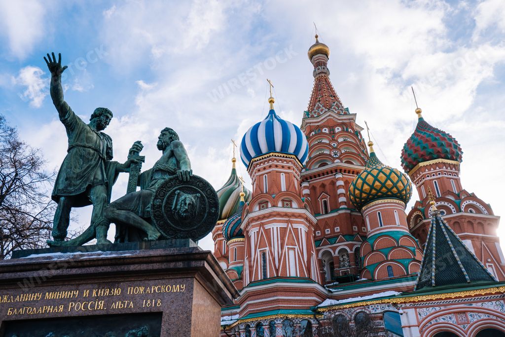 The Minin and Pozharsky statues in front of The Cathedral of Vasily the Blessed in Moscow