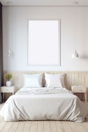 An AI generated illustration of This minimalistic white bedroom features a blank wall poster for decoration
