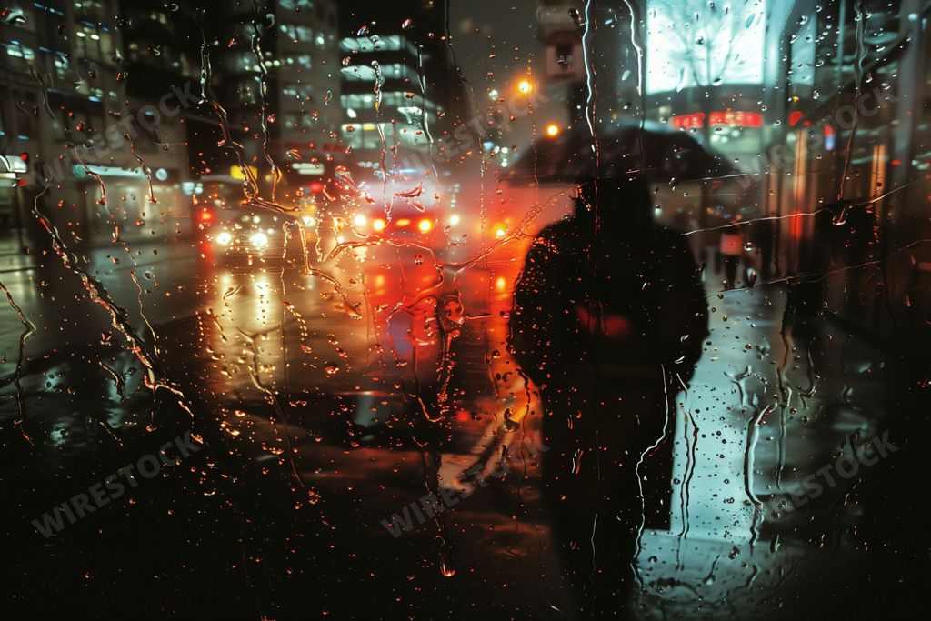A city street seen through a rain-covered car window at night, AI-generated.