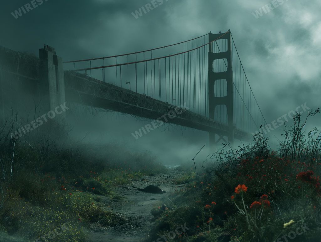 An AI generated illustration of The Golden Gate Bridge in San Francisco, enveloped in fog and moss, with wildflowers coloring its once bustling paths