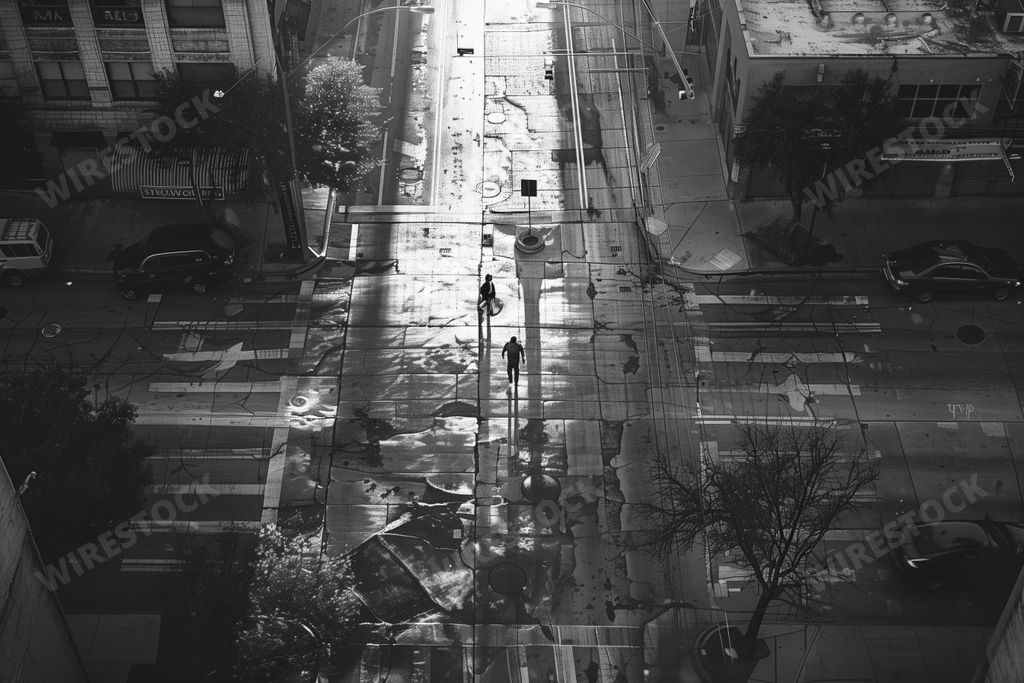 An AI generated illustration of an aerial view of a deserted street in monochrome