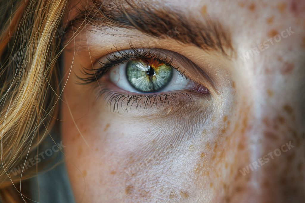 An AI generated illustration of Close-up photo of brown and green-eyed person with freckles