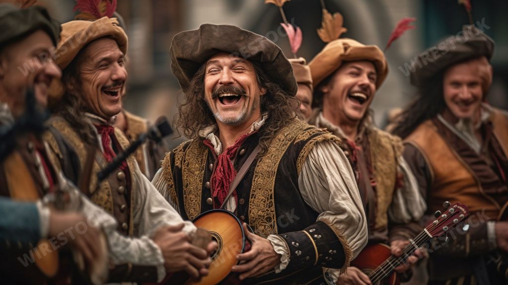 An AI generated illustration of a group of minstrels performing music and entertaining the crowd at a medieval fair