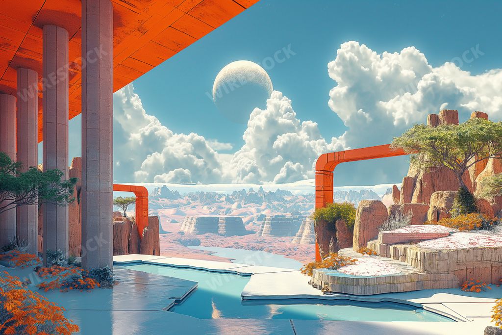 An AI generated illustration of a futuristic scene of a massive building in nostalgic lilac, blue, orange, and yellow tones