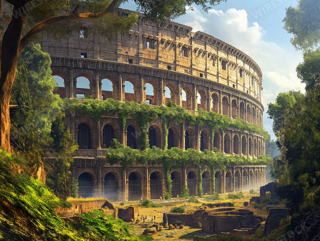 An AI generated illustration of The ruins of the Colosseum in Rome, now home to a thriving forest, with plants sprouting from its ancient stones