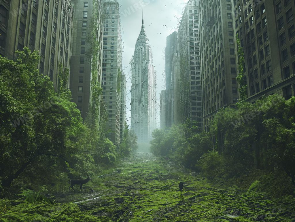 An AI generated illustration of The skyscrapers of New York's Manhattan, overgrown with moss and ivy, as deer wander down Times Square