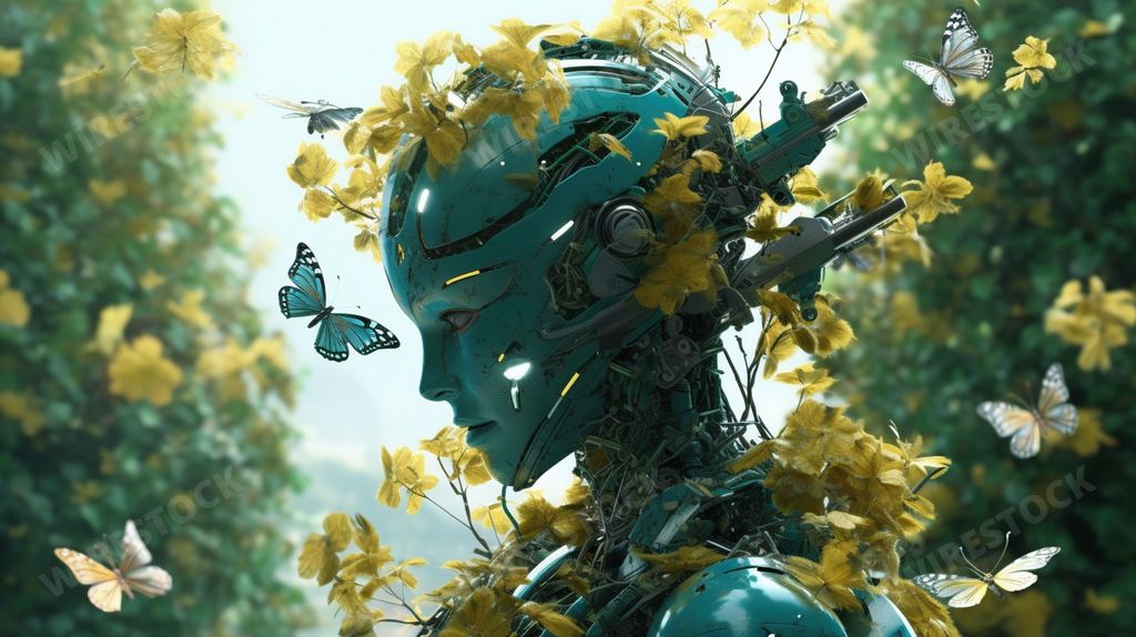 An AI generated illustration of a robotic woman figure adorned with flower petals and butterflies