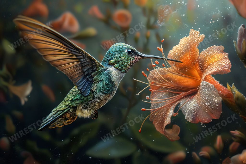 An AI generated illustration of A hummingbird in flight approaching a flower on the ground