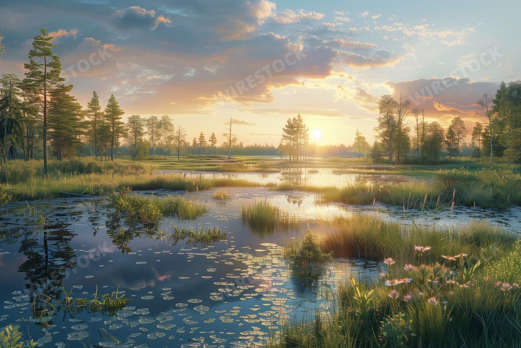An AI generated illustration of Oil painting on canvas capturing a sunset in a swamp with lotus pads