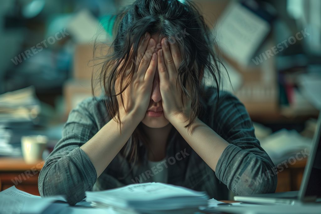 An AI generated illustration of A worried woman at her laptop, holding her head