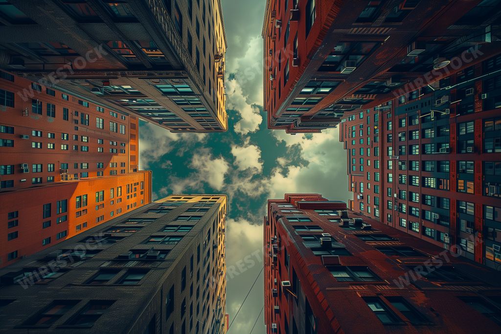 A low angle shot of buildings emitting clouds, AI-generated.