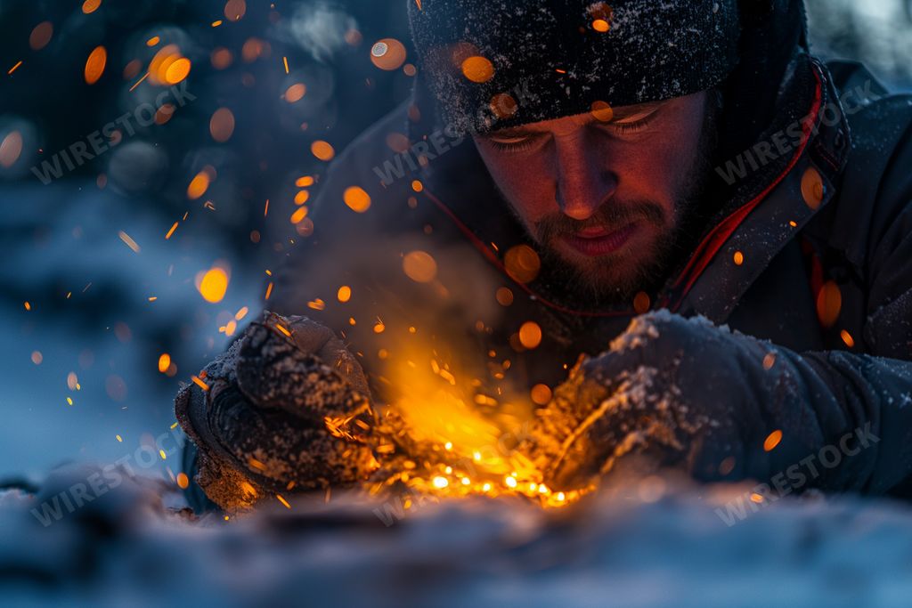 An AI generated illustration of a man extinguishing candle sparks on snowy ground