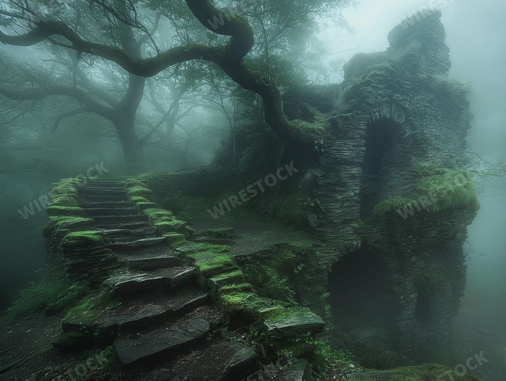 An AI generated illustration of the ruins of an ancient wizard's tower in a fog