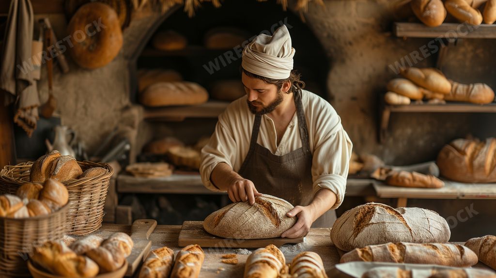 Medieval baker in traditional costume, baking in a bakery with a rustic wood-fired oven