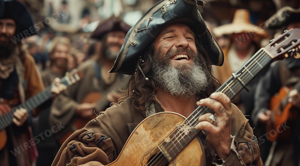 An AI-generated illustration of a Happy minstrel playing guitar at a medieval festival with laughing spectators.