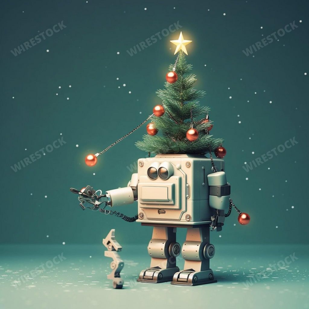 An AI generated illustration of a robot carrying a festive Christmas tree adorned with colorful lights