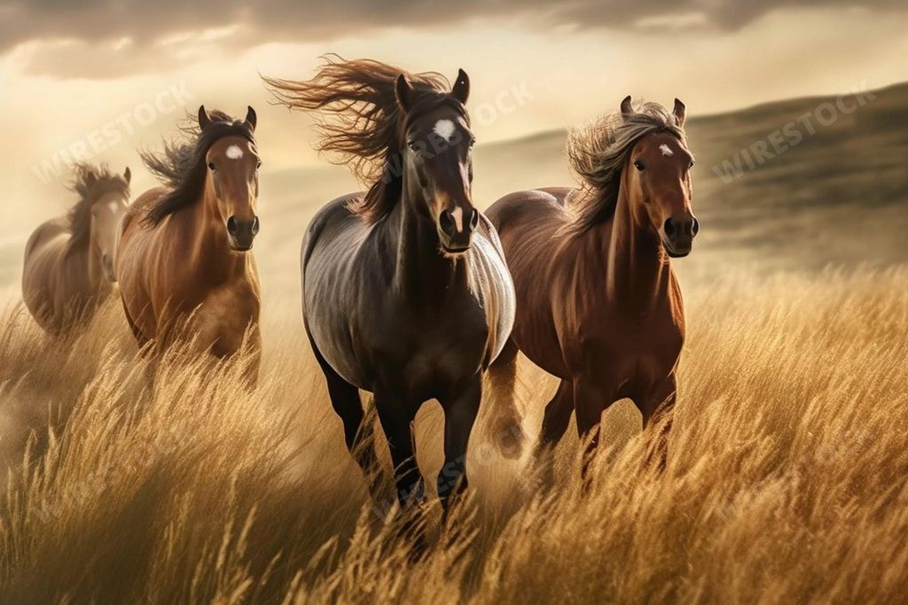 An AI generated illustration of brown horses running across a meadow of lush green grass