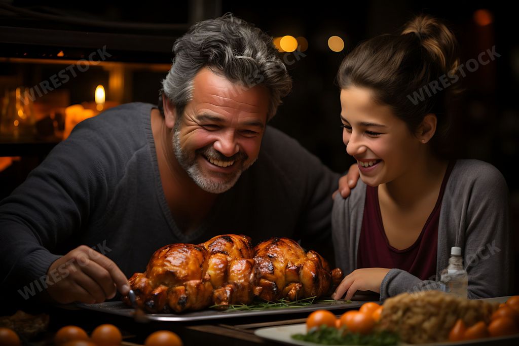 An AI generated illustration of a family gathered for dinner on Thanksgiving