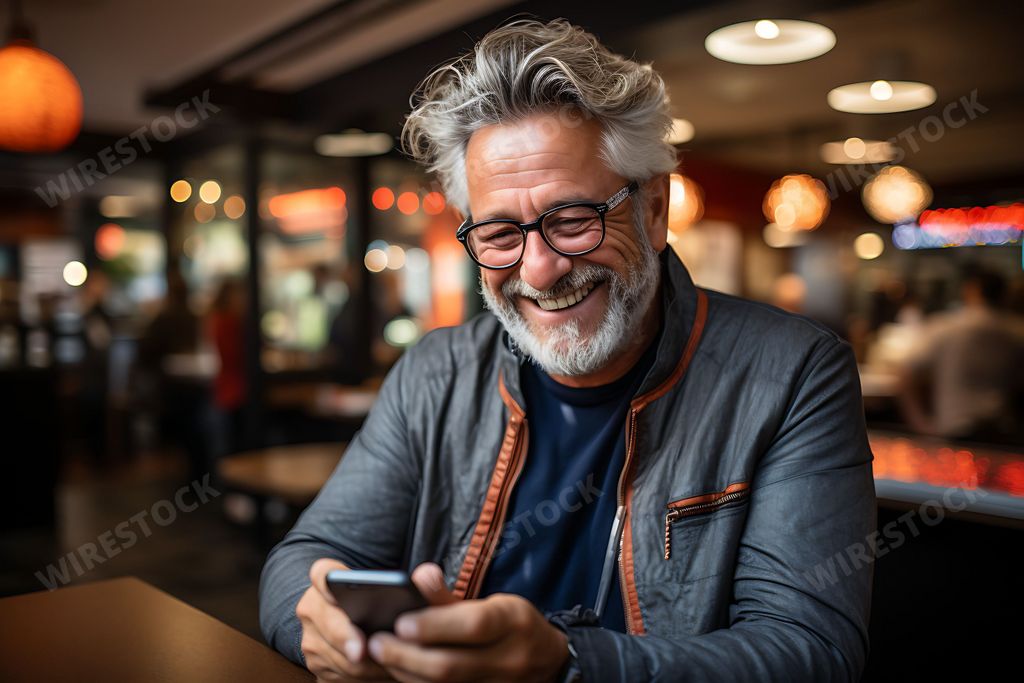 An AI generated illustration of a bearded man with eyeglasses sitting at a table, using his phone