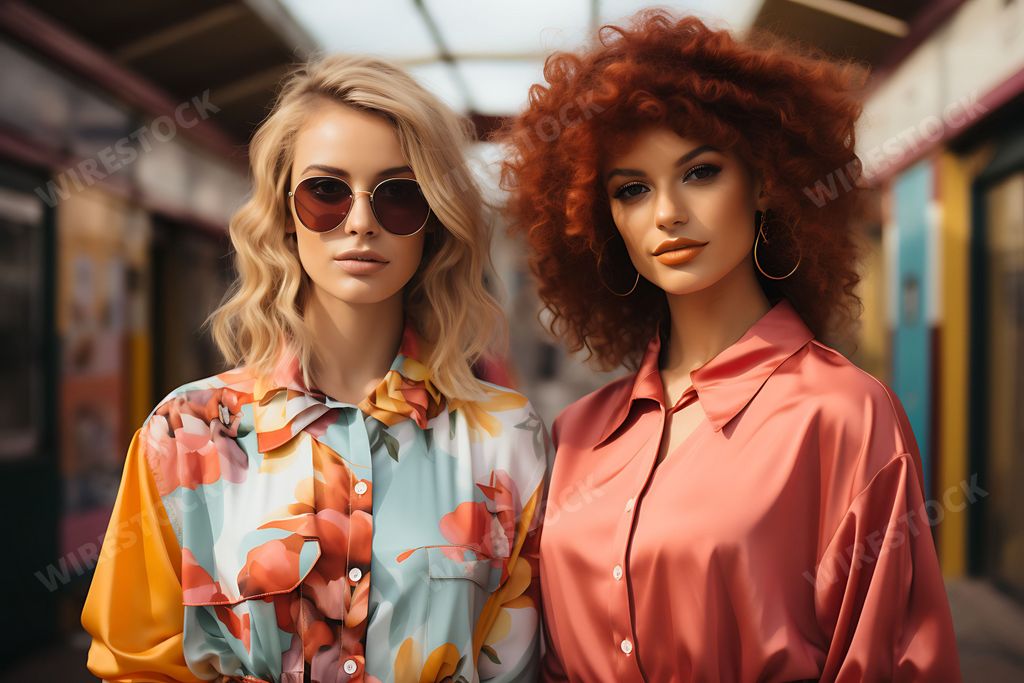 An AI generated illustration of two beautiful women in vibrant dresses