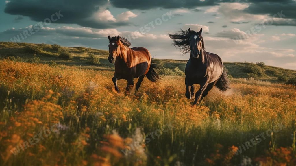 An AI generated illustration of two horses gallop side-by-side through a lush field of tall grass