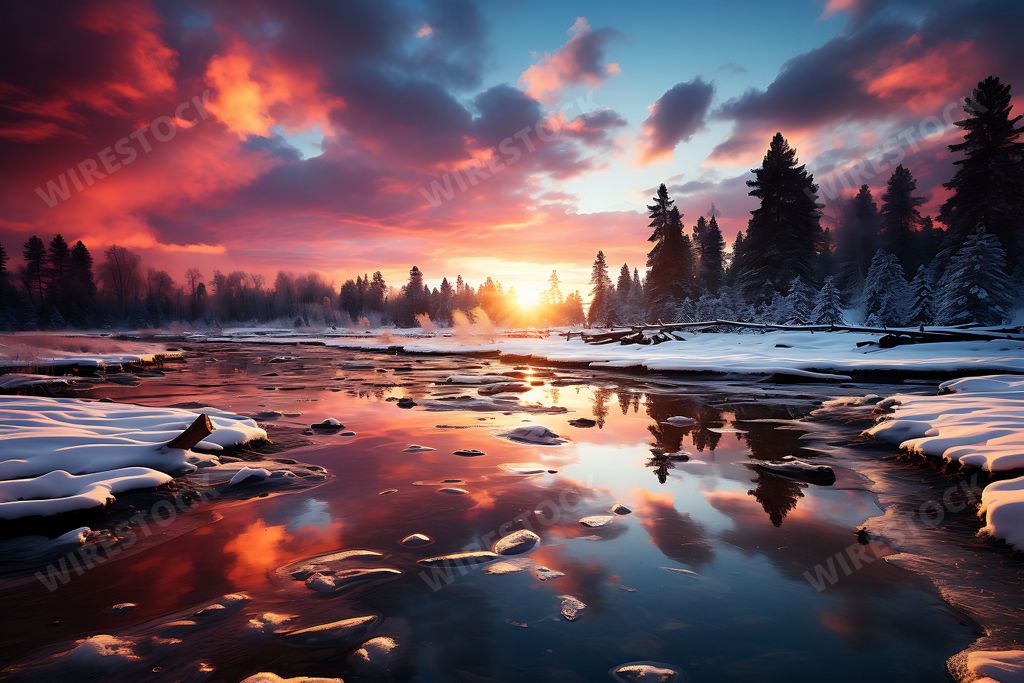 An AI generated illustration of a river in a snowy landscape with a forest at sunset