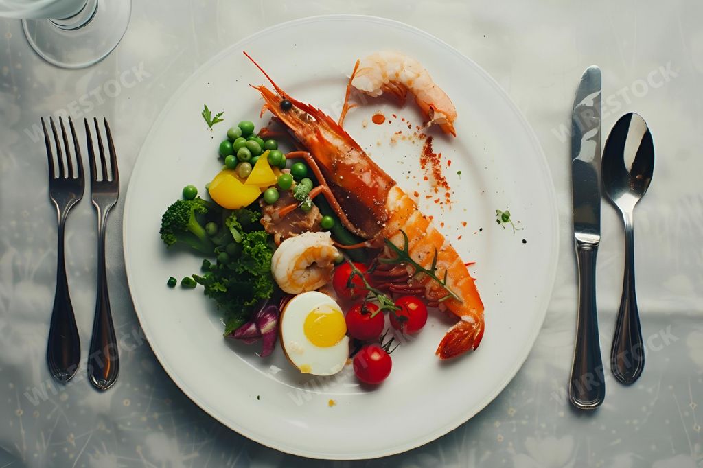 An AI-generated illustration of cooked lobster served with boiled eggs and vegetables