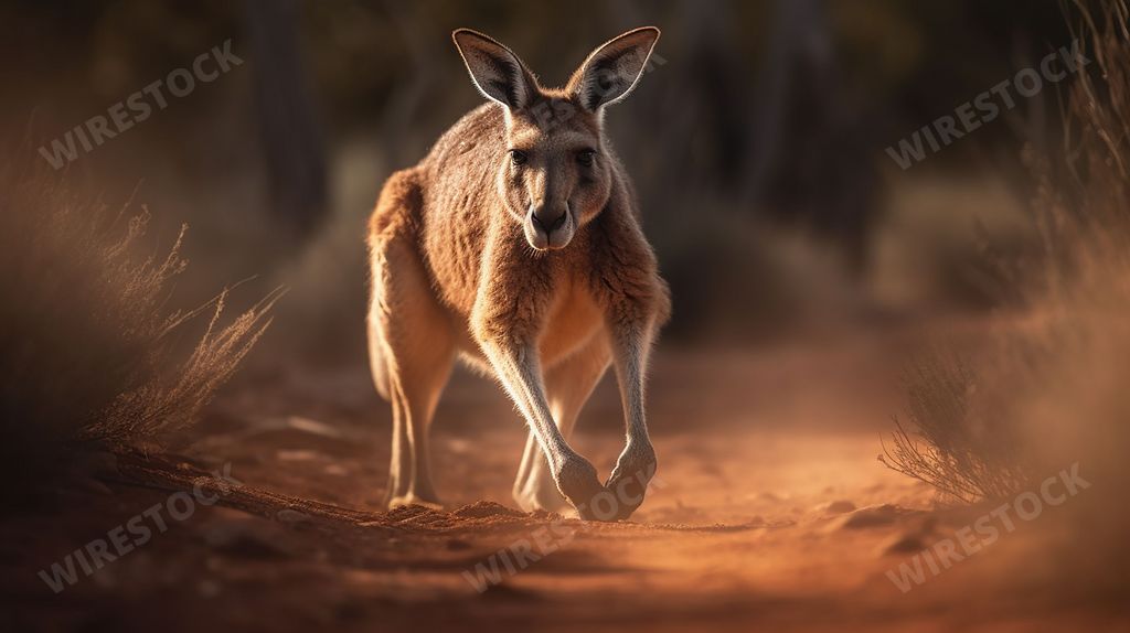 An AI generated illustration of a kangaroo running in a dirt road surrounded by a dense forest of trees