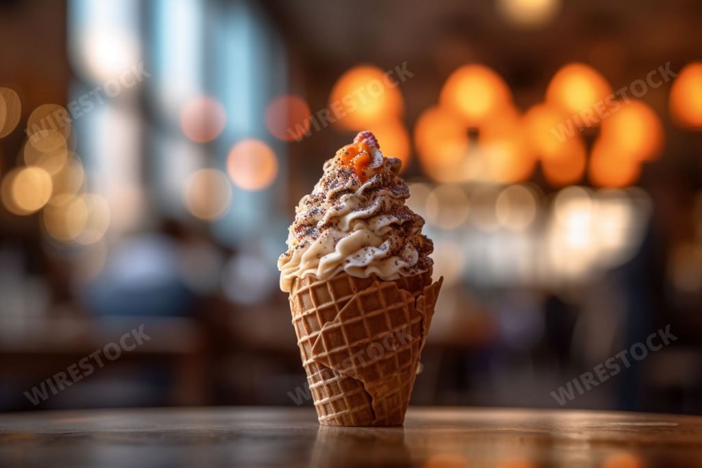 An AI generated illustration of an ice cream cone on the background of bokeh lights
