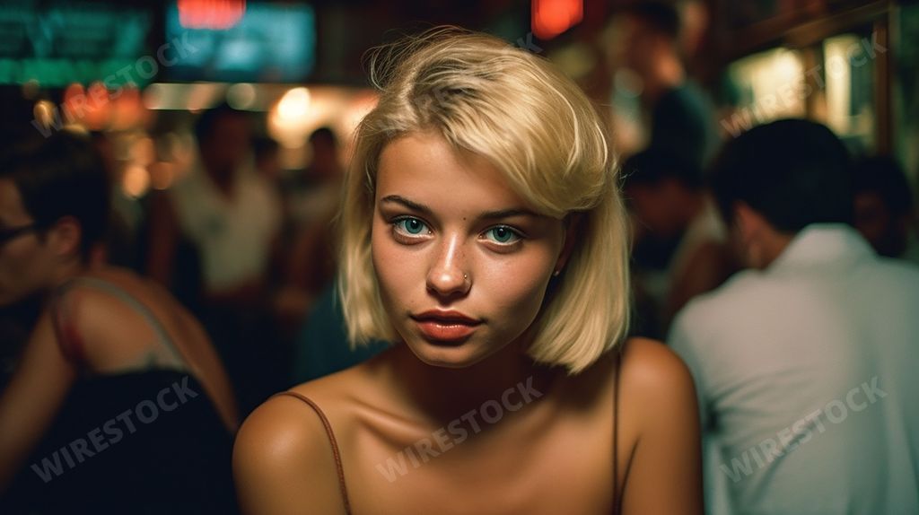 An AI generated illustration of a beautiful blonde woman and at a bar looking at the camera