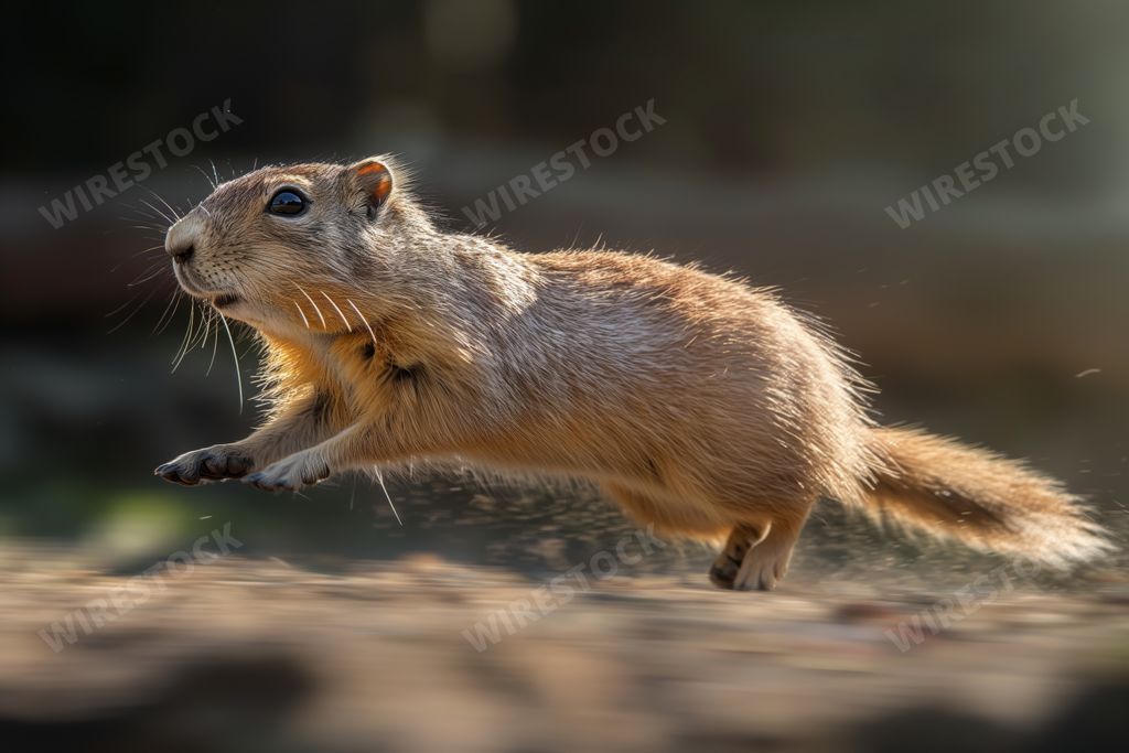 An AI generated illustration of a squirrel in mid-air appears to be leaping forward, with a softly blurred background