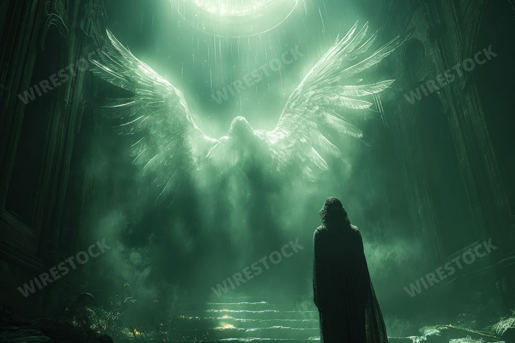 An AI generated illustration of a mystical scene of a person standing before a glowing angelic figure