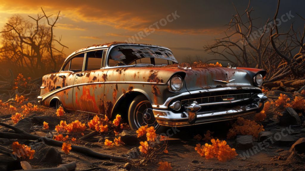An AI generated illustration of a vintage car in a field of yellow wildflowers