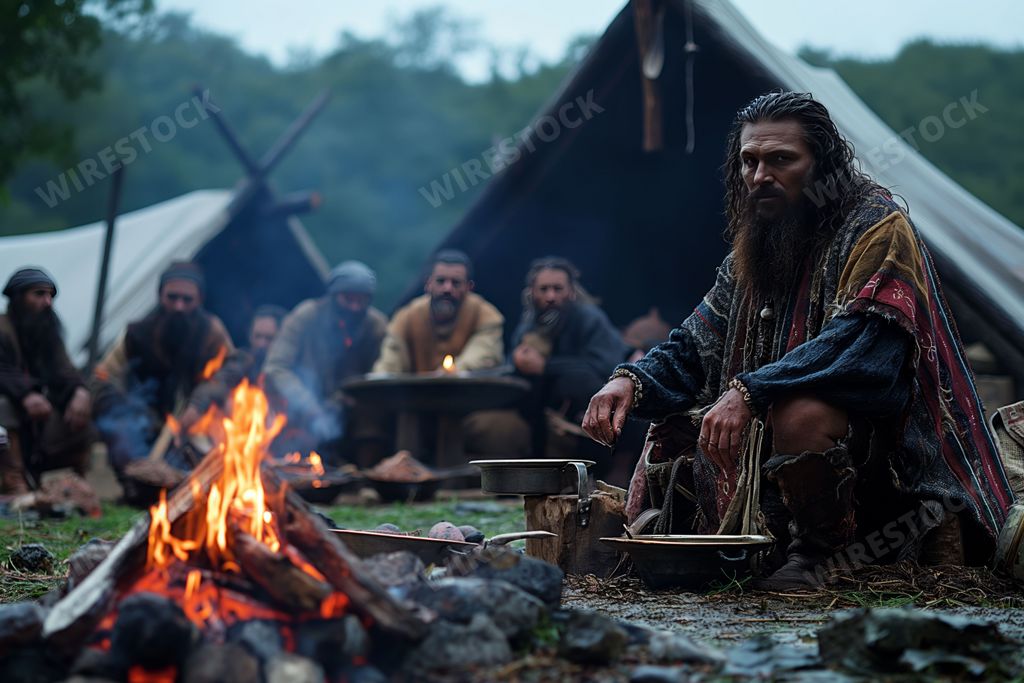 An AI generated illustration of medieval reenactment scene with men around a campfire in a forest setting