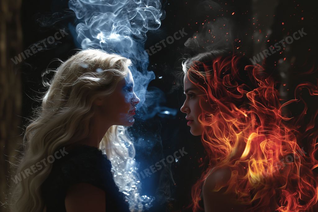 An AI generated illustration of women face each other, one with blue smoke around her head, and the other with red flames, contrasting ice and fire