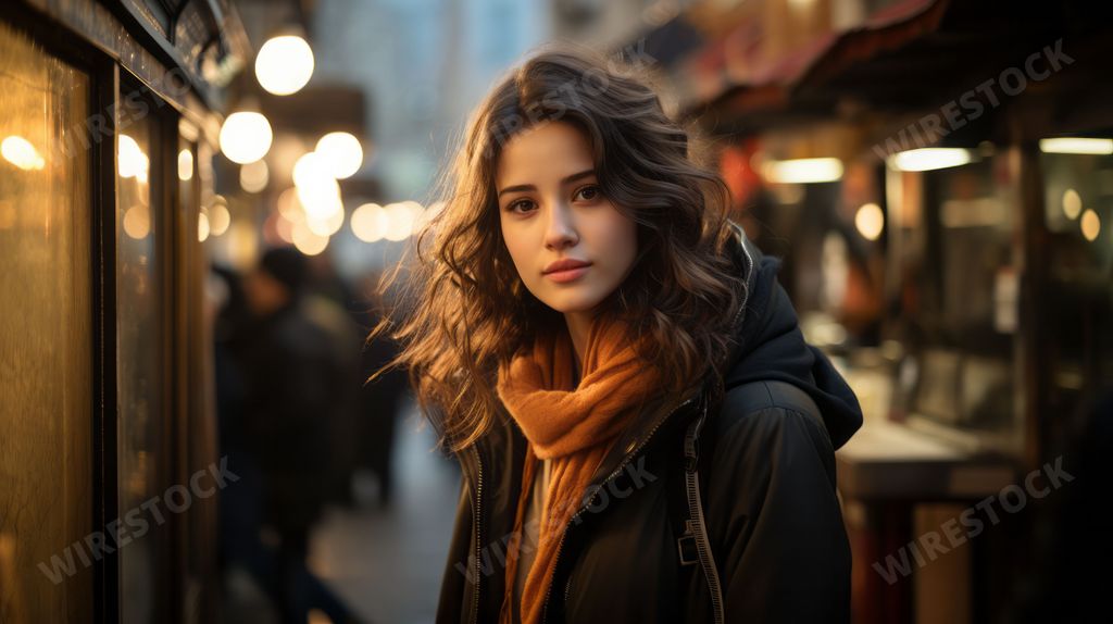 An AI generated illustration of A female with curly brown  hair with a blurry background