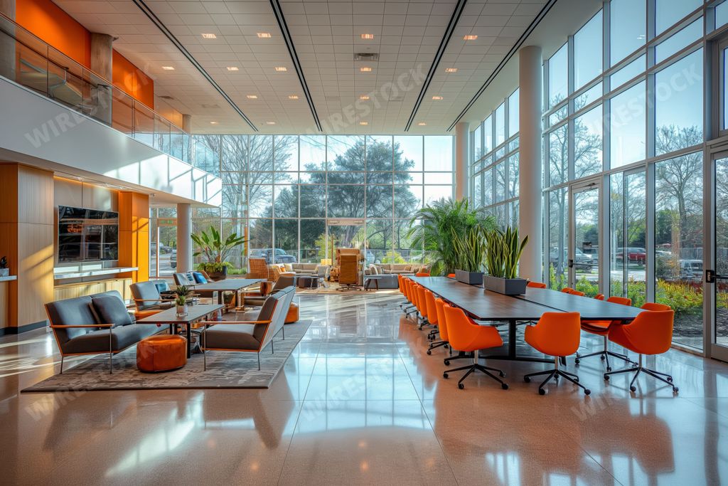 An AI generated illustration of a modern, spacious office lobby with floor-to-ceiling windows, orange chairs, a long table, lounge seating