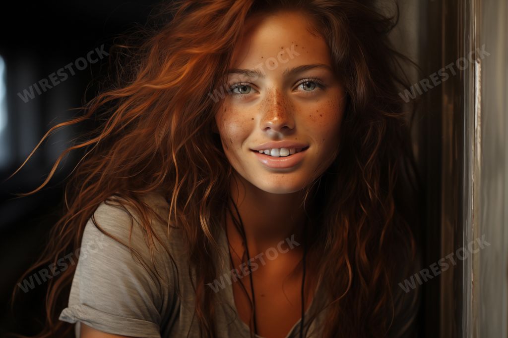 An AI generated illustration of A girl with long brown hair and freckles stands in front of a plain wall