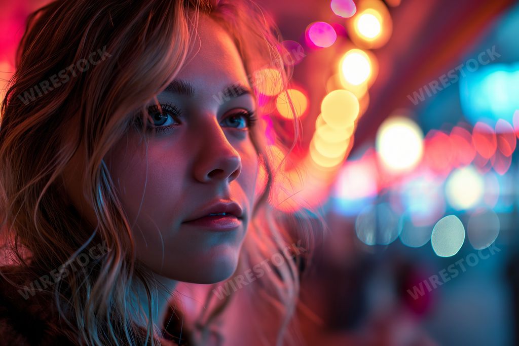 An AI generated illustration of A young woman wearing a brown shirt stands in profile, looking down into the camera with a contemplative expression