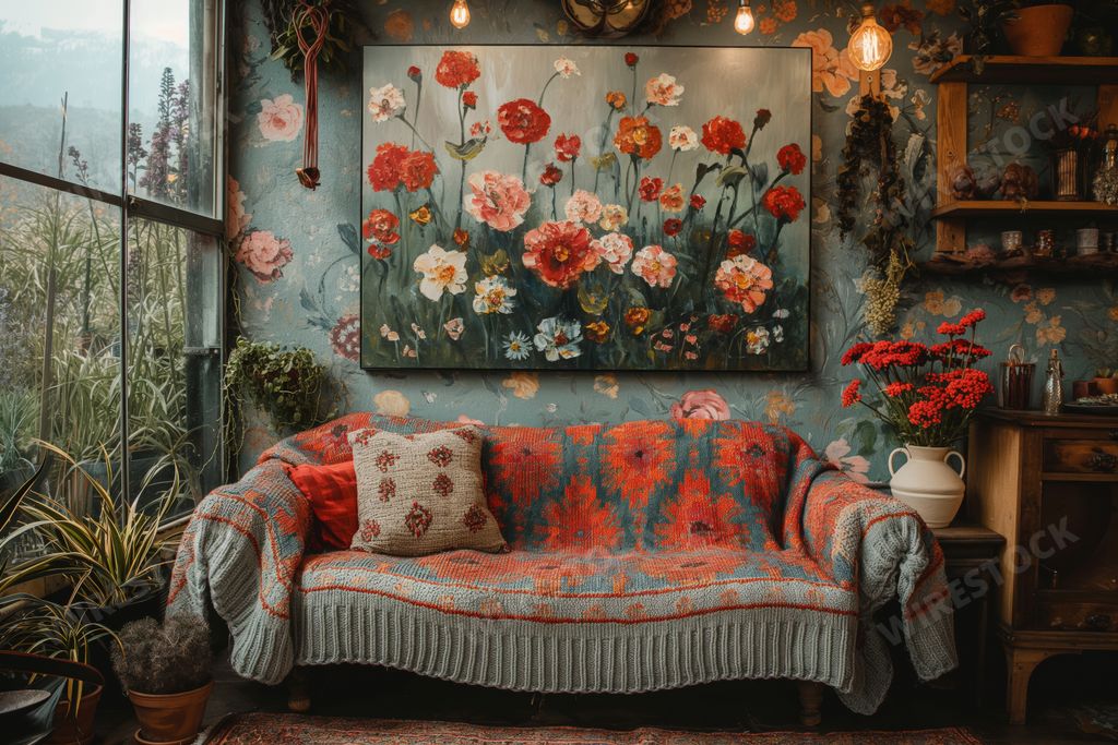 An AI generated illustration of a boho-chic interior design style in a room