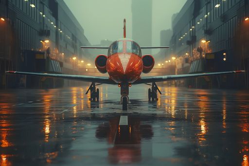 AI generated illustration of a red aircraft parked on a wet runway ...