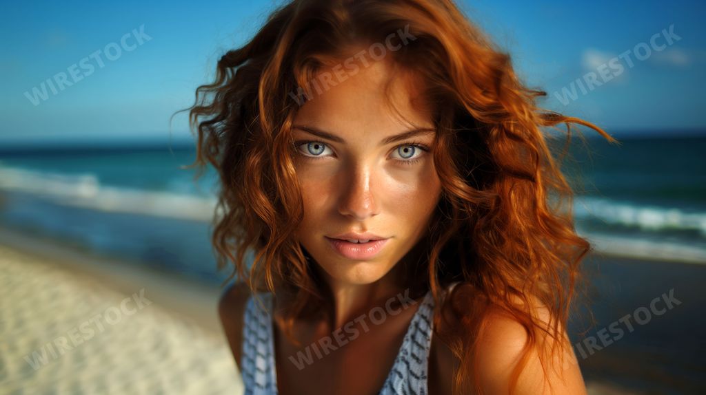 An AI generated illustration of a young woman posing in a beach setting with the blue ocean in the background