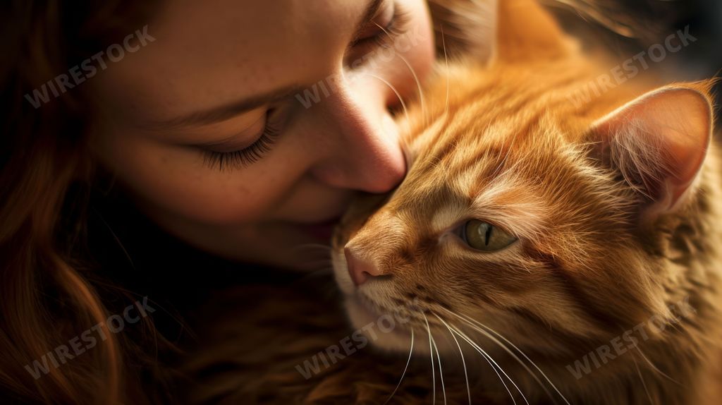 An AI generated illustration of a female cradling her pet cat in her arms