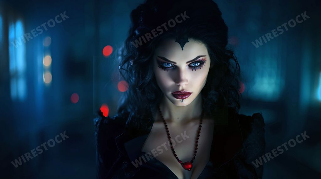 An AI generated illustration of a portrait of a female vampire in a dark makeup and black dress
