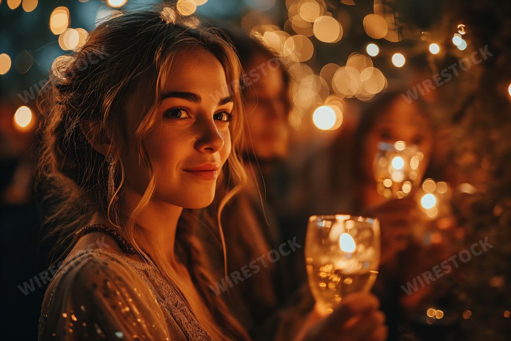 An AI-generated illustration of a woman with a champagne glass pictured in a New Year's Eve setting