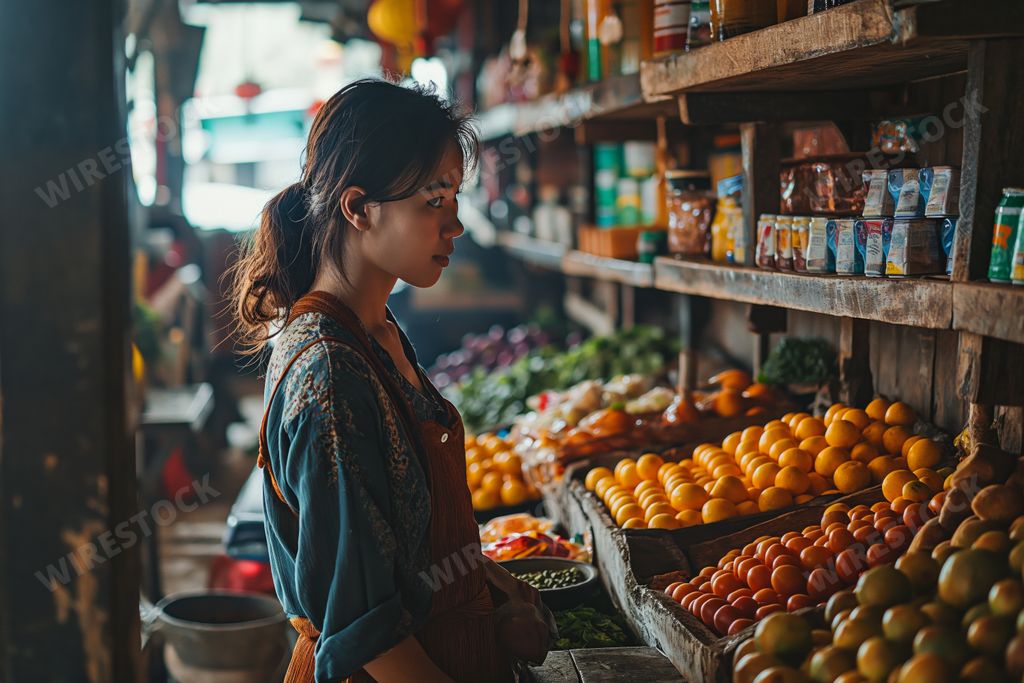 An AI generated illustration of a young female shopper standing in an aisle of a grocery store