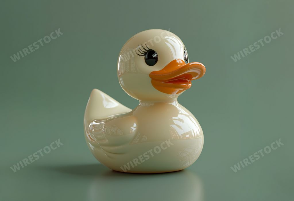 A shiny, plastic yellow rubber duck with large eyes and long eyelashes is placed against a plain green background.