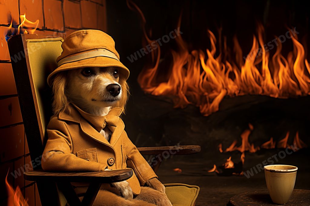 An AI generated illustration of An adorable canine wearing a stylish hat and coat is seated in a comfortable chair while enjoying a hot cup of coffee