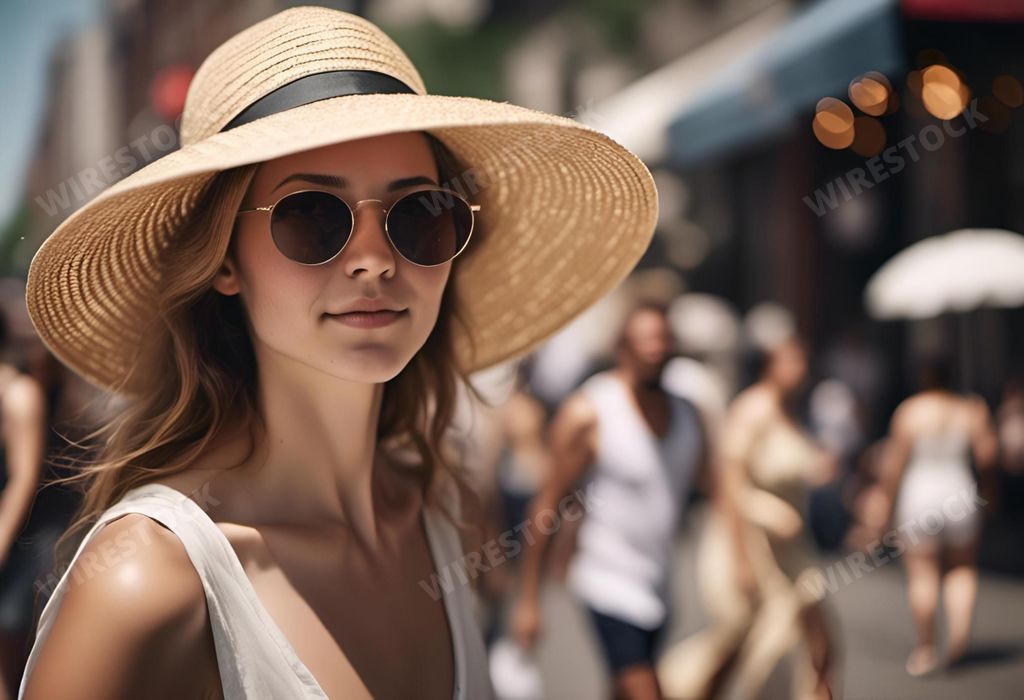 An AI generated illustration of a young woman in a summer hat and sunglasses in a busy urban street