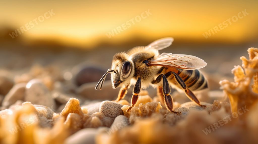 A Close-up image of a bee perched on a rocky surface